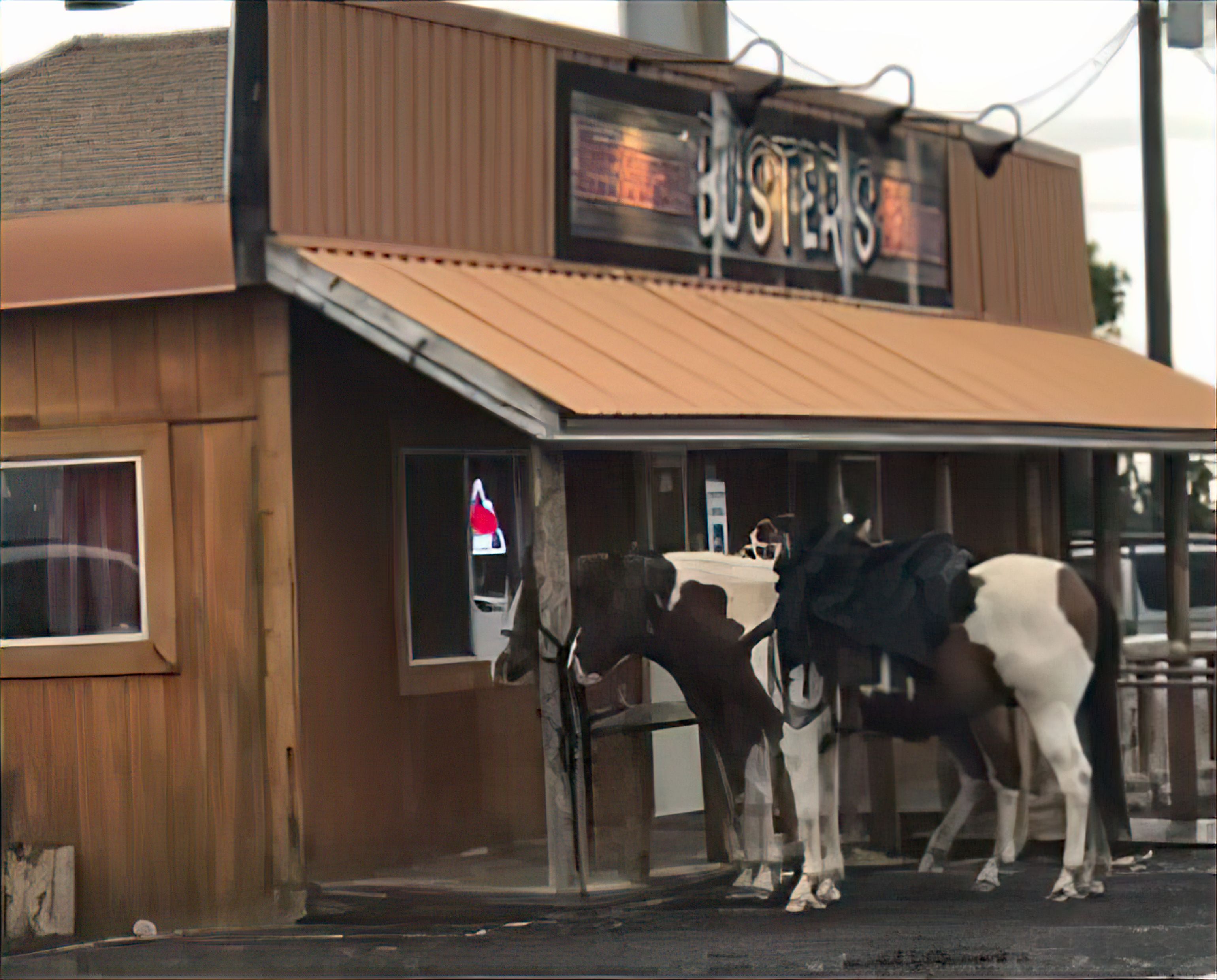 The outside of the saloon.